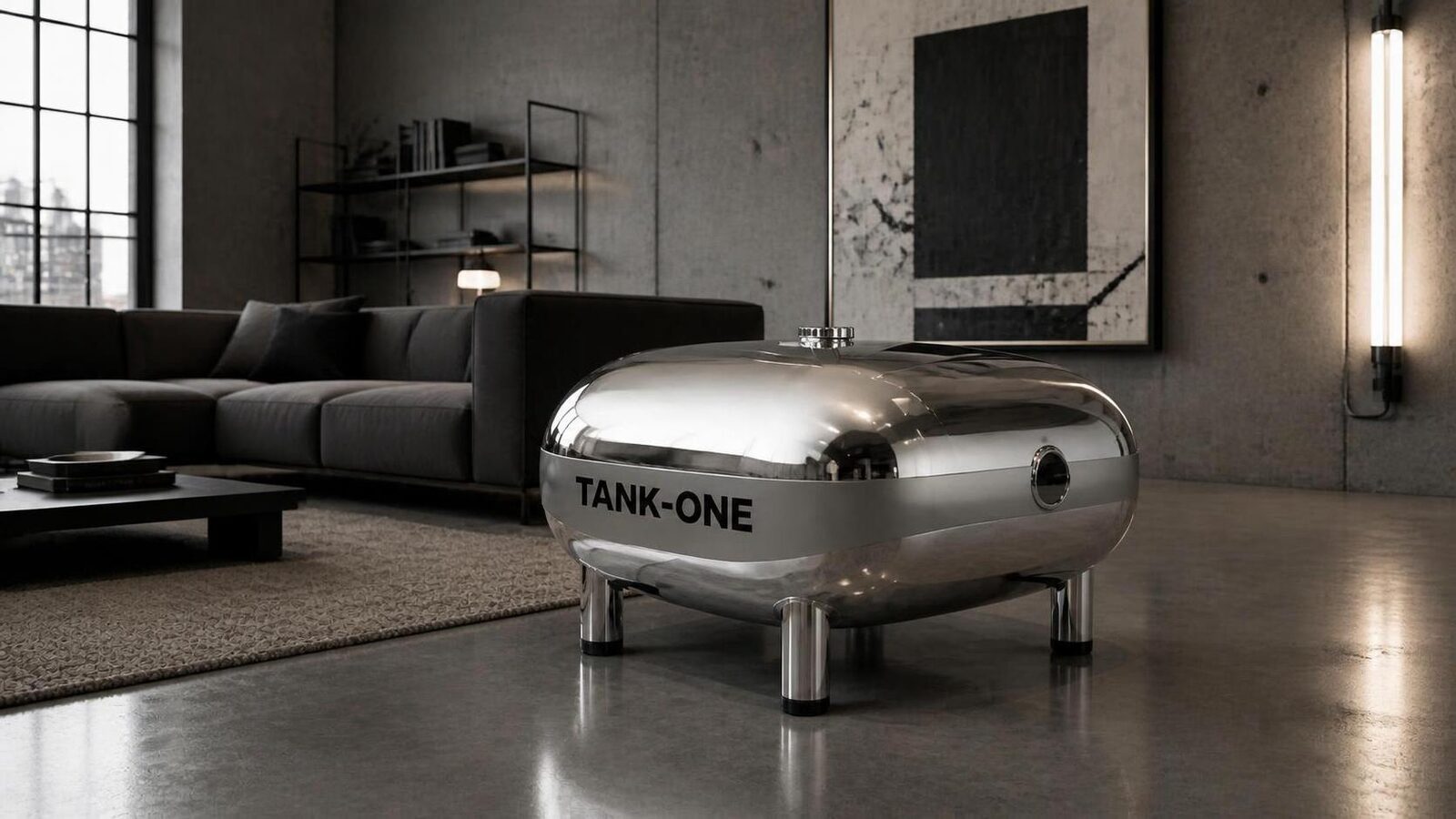 TANKONE studio di livrea &mdash; cromo lucido, chiuso, loft in cemento