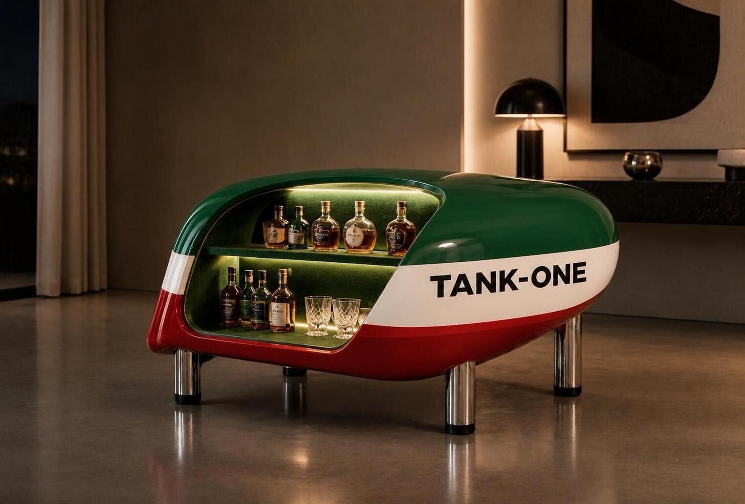 TANKONE studio di livrea &mdash; verde, bianco e rosso, aperto, salotto
